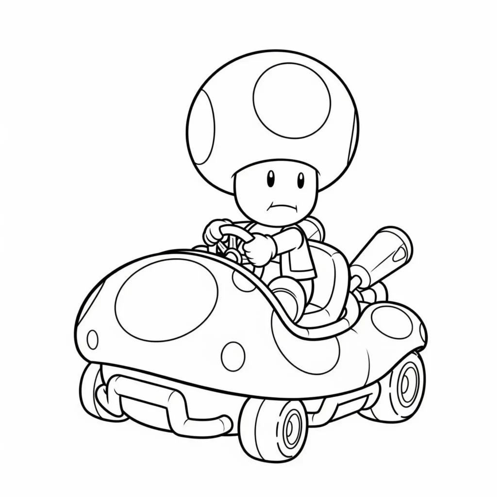 Toad fährt in einem Pilz Kart auf der Strecke in diesem Ausmalbild zum Ausdrucken für Kinder und Erwachsene als kostenlose Malvorlage