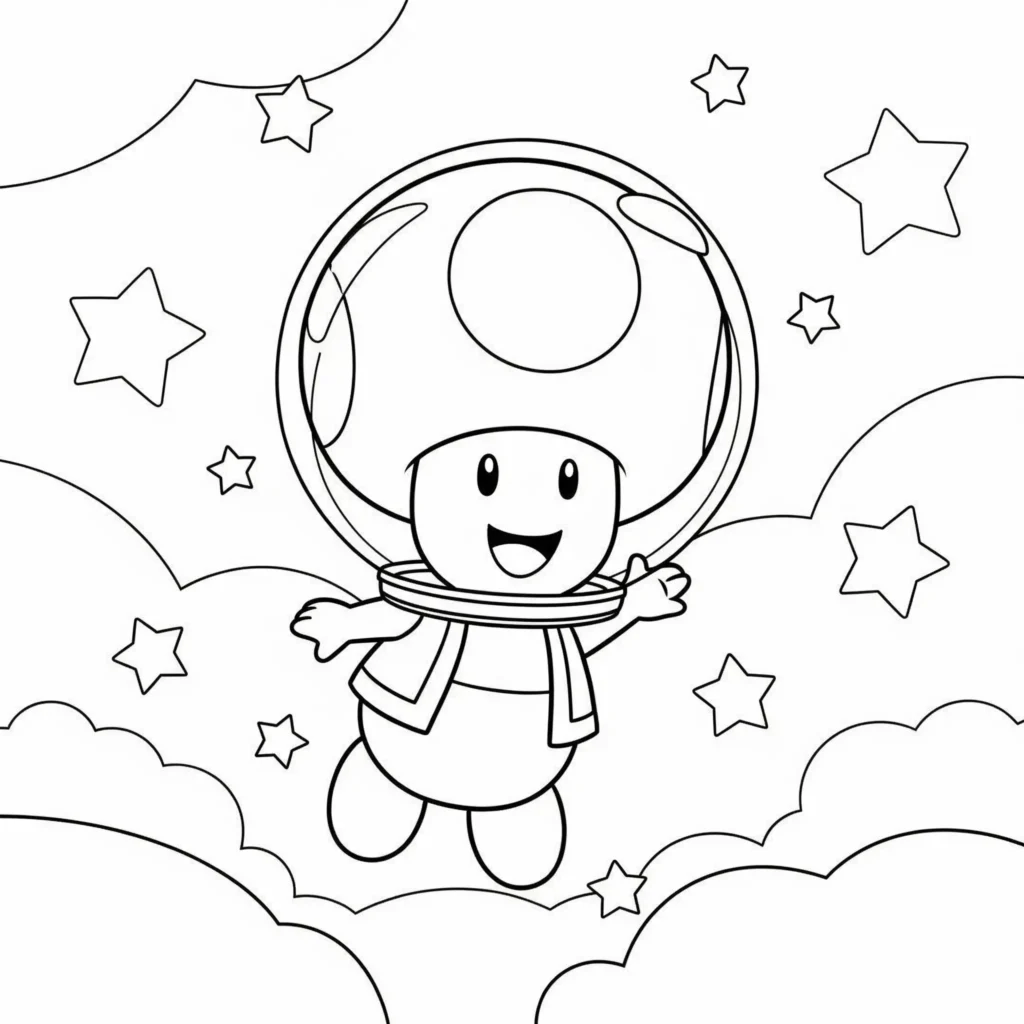 Toad Ausmalbilder (Gratis Super Mario Malvorlage drucken) Ausmalbild von Toad im Weltraum mit Raumanzug, perfekt zum Ausdrucken und Ausmalen für Kinder