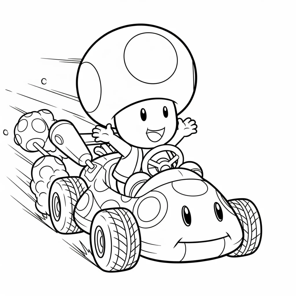 Toad Ausmalbilder (Gratis Super Mario Malvorlage drucken) Ausmalbild von Toad, der ein Kart fährt, ideal zum Ausdrucken und Ausmalen für Kinder