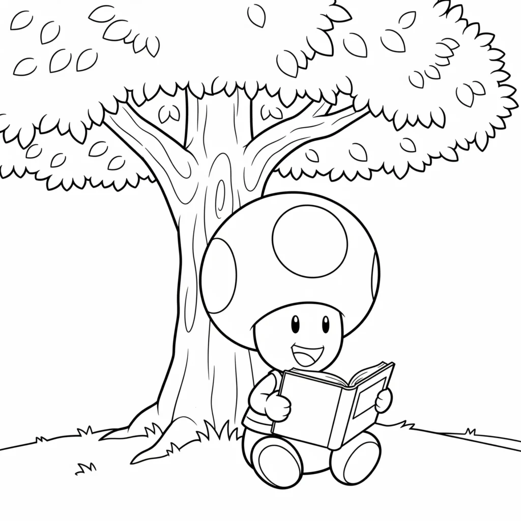 Toad Ausmalbilder (Gratis Super Mario Malvorlage drucken) Ausmalbild von Toad, der ein Buch liest, ideal zum Ausdrucken und Ausmalen für Kinder