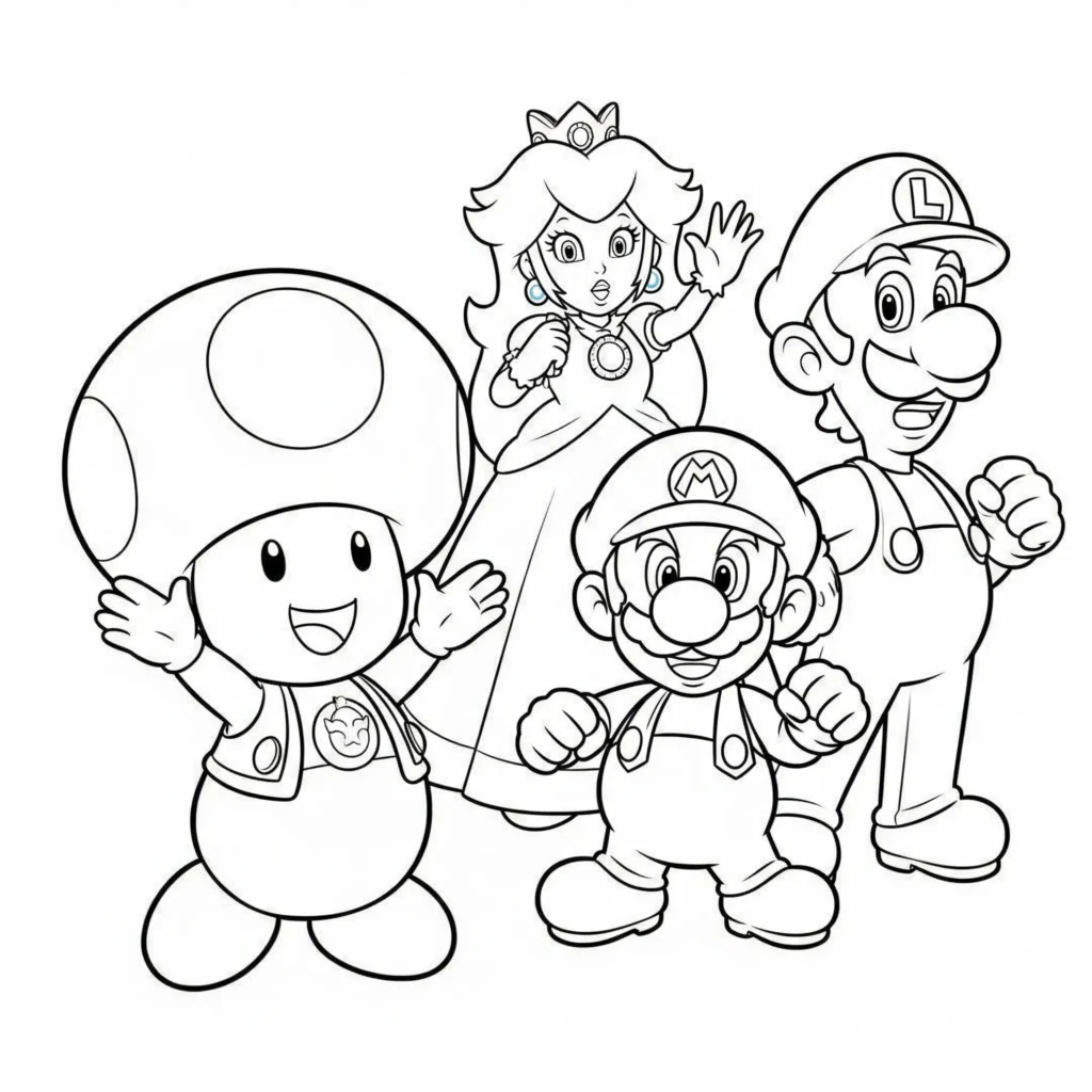 Toad Ausmalbilder (Gratis Super Mario Malvorlage drucken) Ausmalbild von Toad zusammen mit Peach, Mario und Luigi zum Ausdrucken und Ausmalen für Kinder