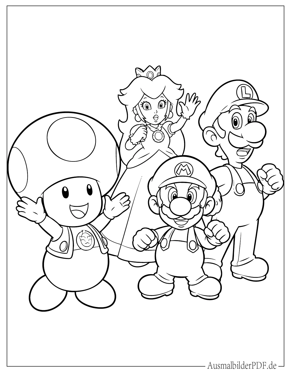 Toad mit Peach, Mario und Luigi zum Ausmalen