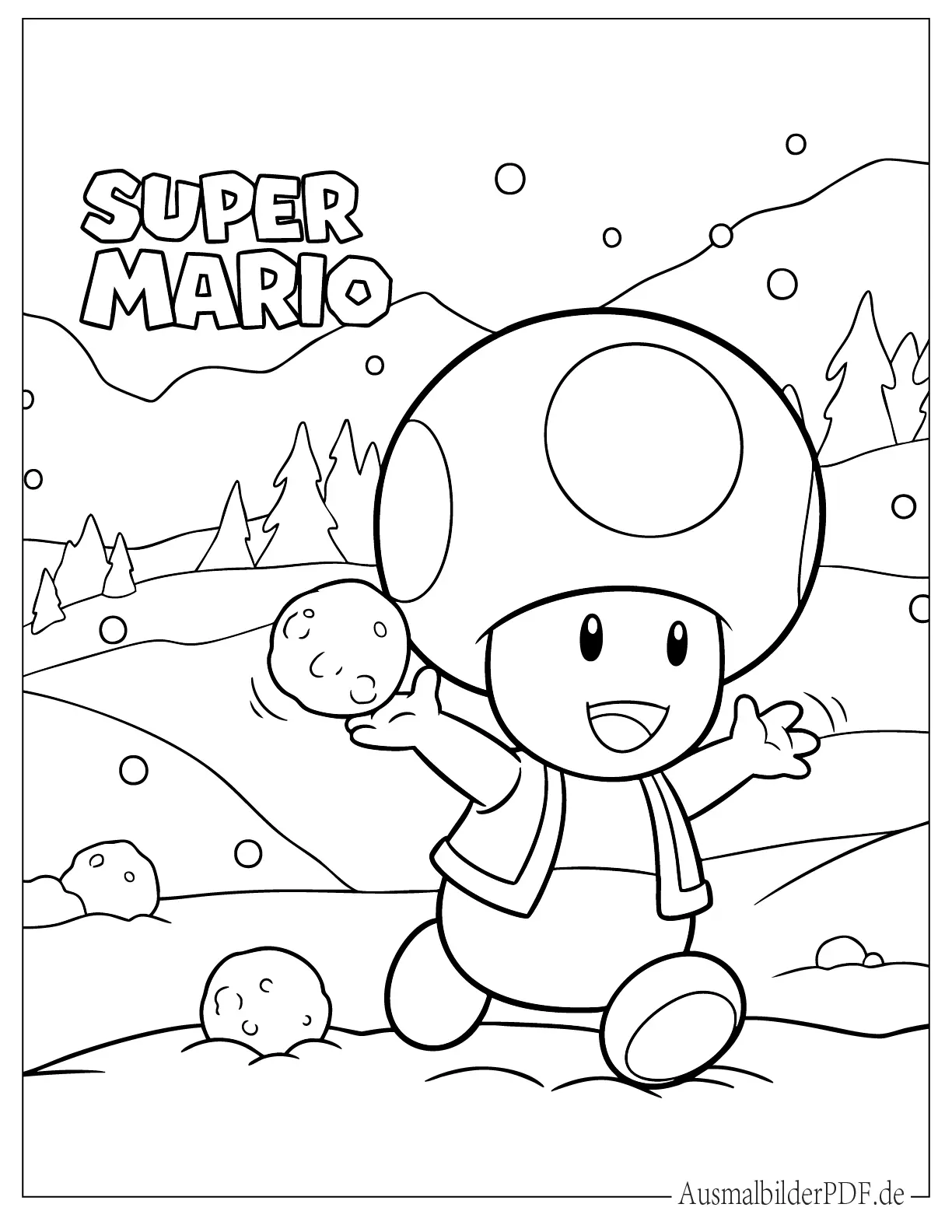 Toad Schneeballschlacht im Winter Ausdruckbare Ausmalbild