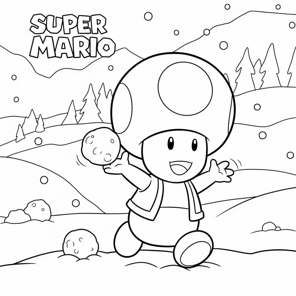 Toad Ausmalbilder (Gratis Super Mario Malvorlage drucken) Ausmalbild von Toad bei einer Schneeballschlacht, ideal zum Ausdrucken und Ausmalen für Kinder