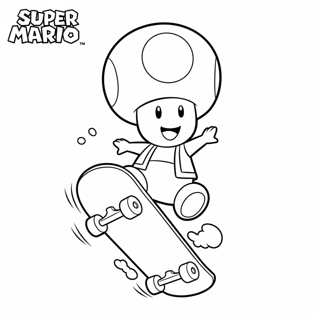 Toad Ausmalbilder (Gratis Super Mario Malvorlage drucken) Ausmalbild von Toad beim Skateboarden, ideal zum Ausdrucken und Ausmalen für Kinder