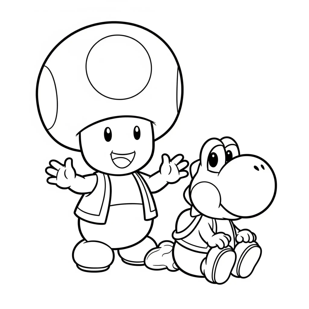 Toad Ausmalbilder (Gratis Super Mario Malvorlage drucken) Ausmalbild von Toad zusammen mit Baby Yoshi, perfekt zum Ausdrucken und Ausmalen für Kinder