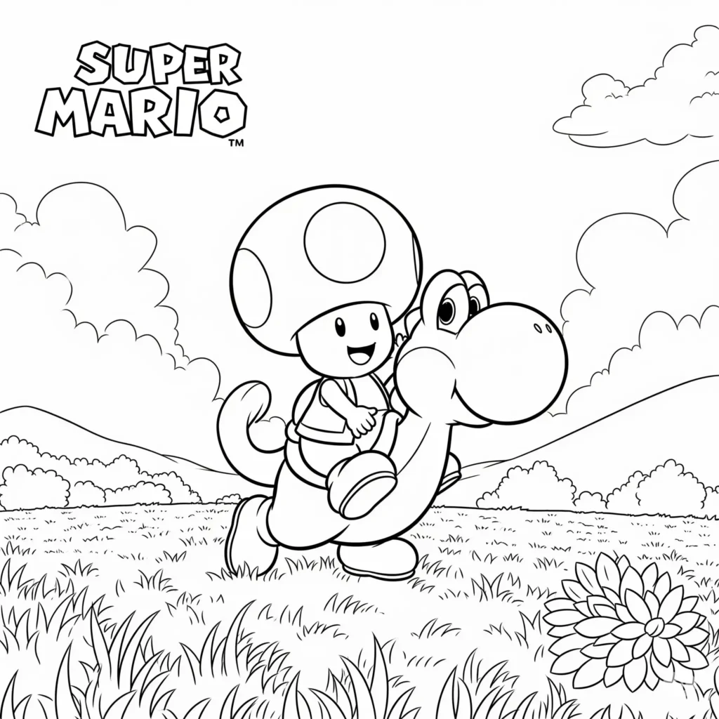 Toad Ausmalbilder (Gratis Super Mario Malvorlage drucken) Ausmalbild von Toad und Yoshi zusammen für Kinder, ideal zum kostenlosen Ausdrucken und Ausmalen