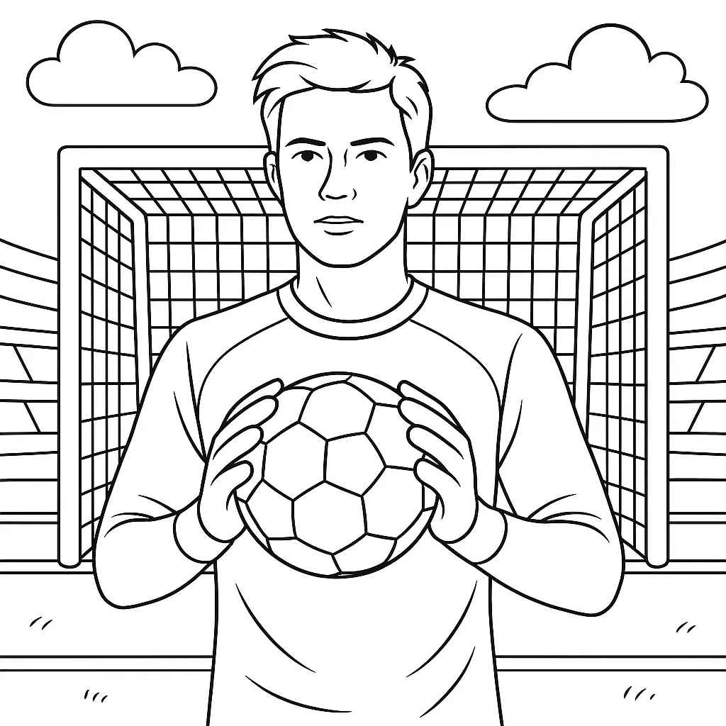 Ausmalbild Fußballtorwart steht vor dem Tor und hält den Ball mit beiden Händen, Stadion und Wolken im Hintergrund.