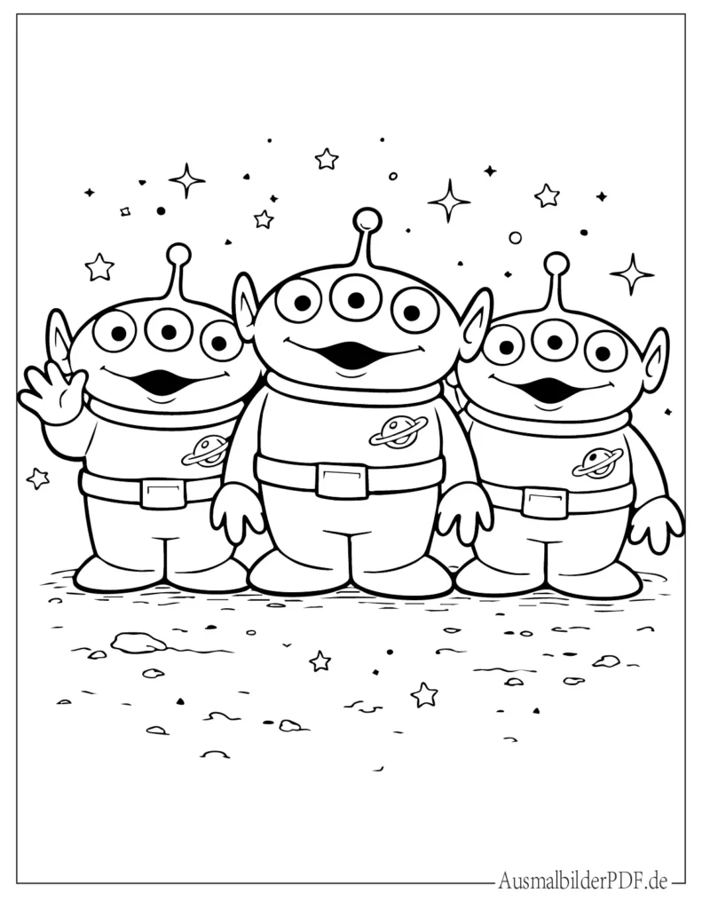 Ausmalbild der Toy Story Aliens für Kinder, ideal als Malvorlage zum Ausdrucken
