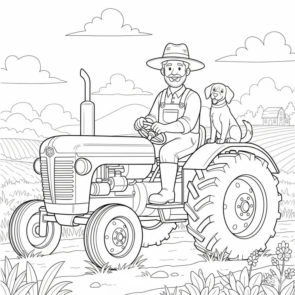 Ausmalbild eines Traktors mit einem Bauer und seinem Hund, ideal zum Ausdrucken und Ausmalen für Kinder