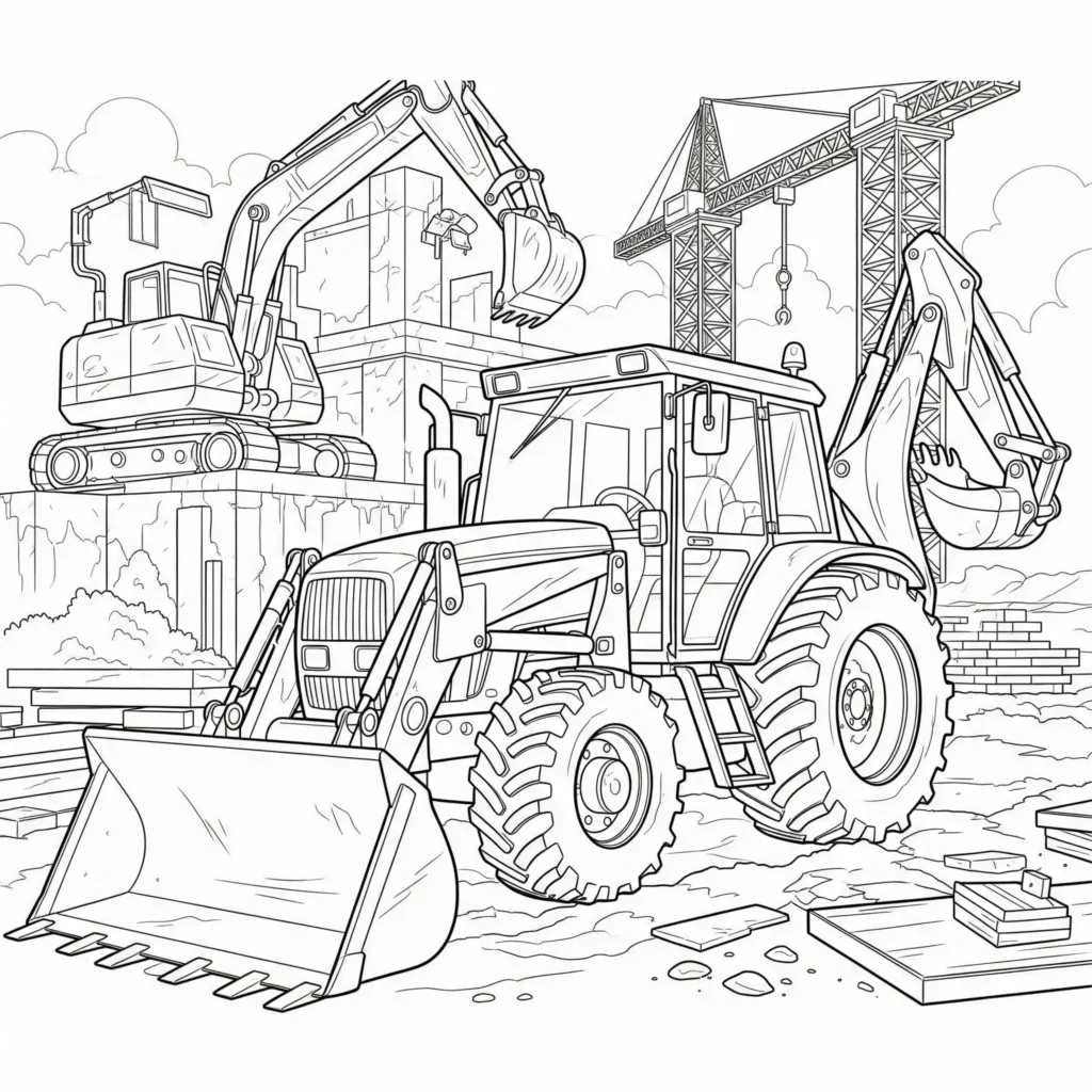 Ausmalbild eines Traktors, der auf einer Baustelle arbeitet, ideal zum Ausdrucken und Ausmalen für Kinder