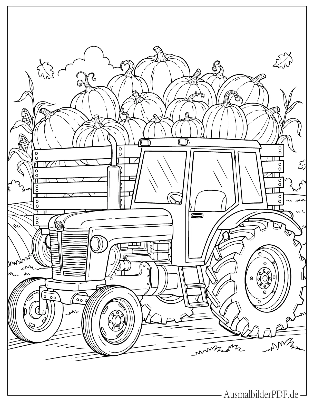 Traktor beladen mit Kürbissen Ausmalbild