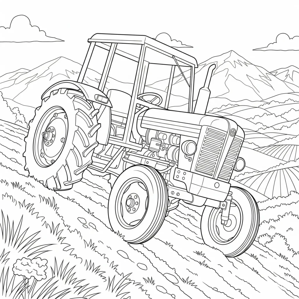 Ausmalbild eines Traktors, der auf einem Bergbauernhof arbeitet, ideal zum Ausdrucken und Ausmalen für Kinder