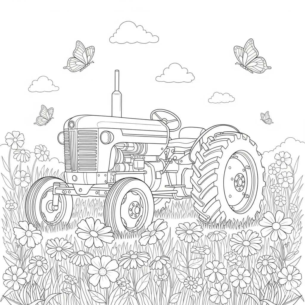 Ausmalbild eines Traktors auf einer blühenden Frühlingswiese, ideal zum Ausdrucken und Ausmalen für Kinder