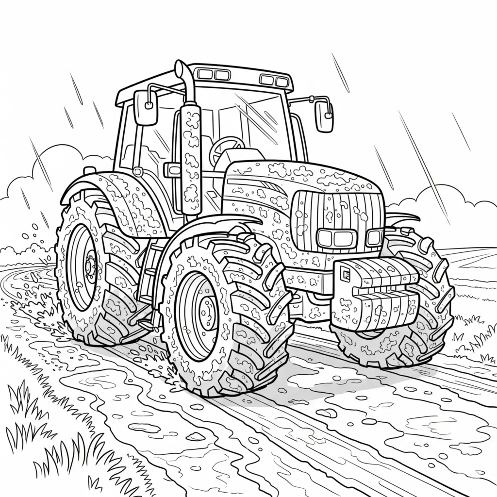 Traktor Ausmalbild, der auf einem matschigen Weg fährt, ideal zum Ausdrucken und Ausmalen für Kinder