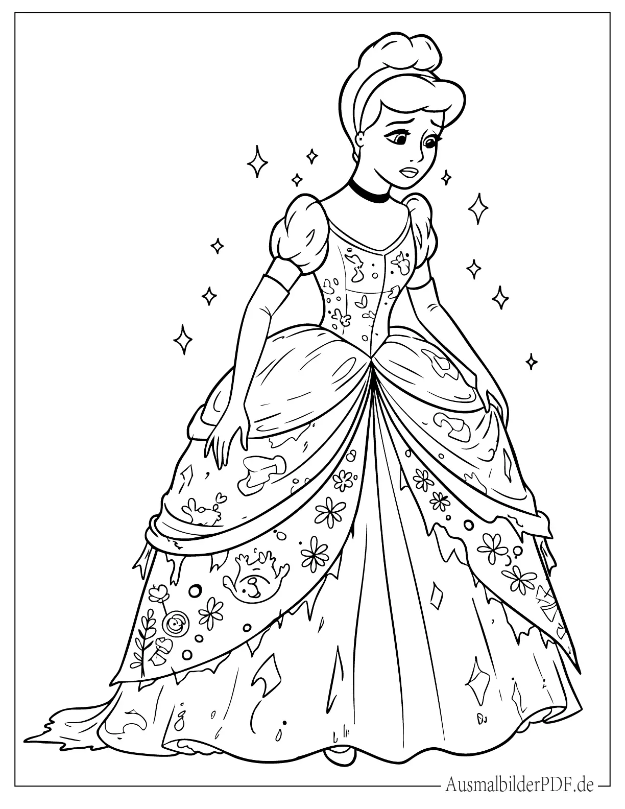 Cinderella sieht traurig aus in ihrem zerrissenen Kleid zum Ausmalen