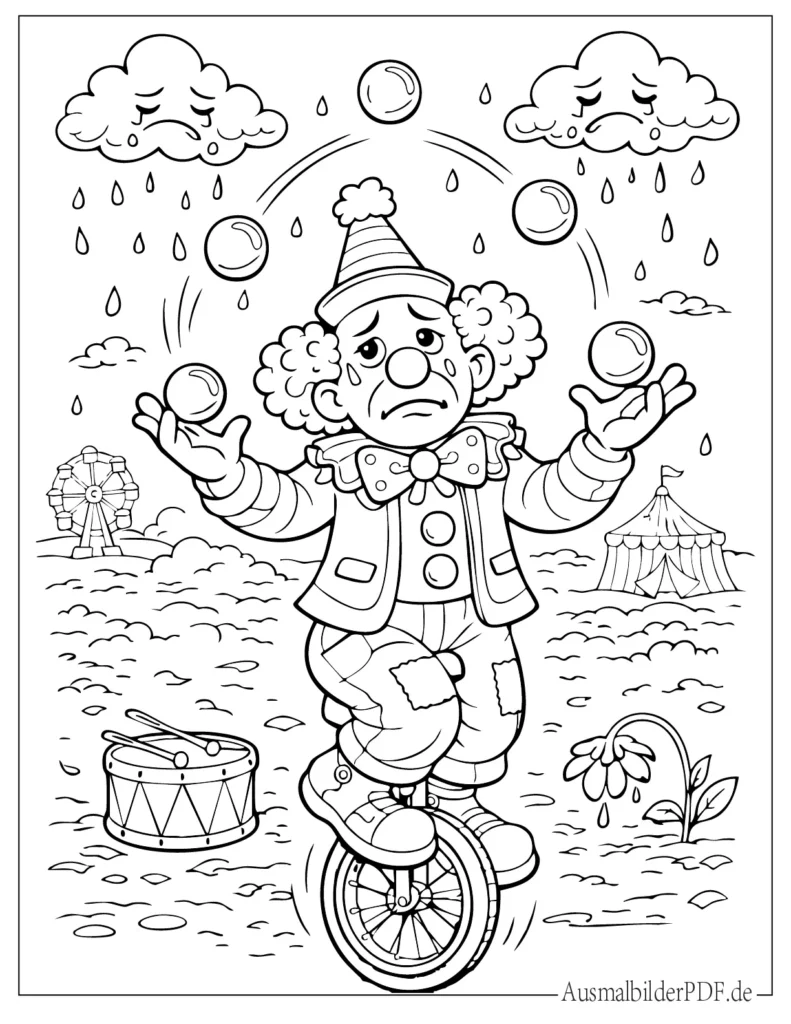 Druckvorlage eines traurigen Clowns beim Jonglieren, Ausmalbild für Kinder und Erwachsene zum Ausdrucken