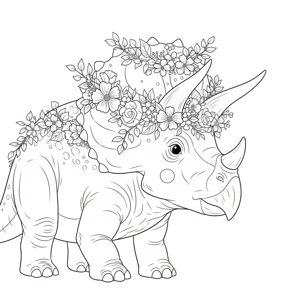 Freundliches Triceratops Ausmalbild mit einer Krone aus Blumen auf dem Kopf als kreative Malvorlage für Kinder zum Ausdrucken und Ausmalen