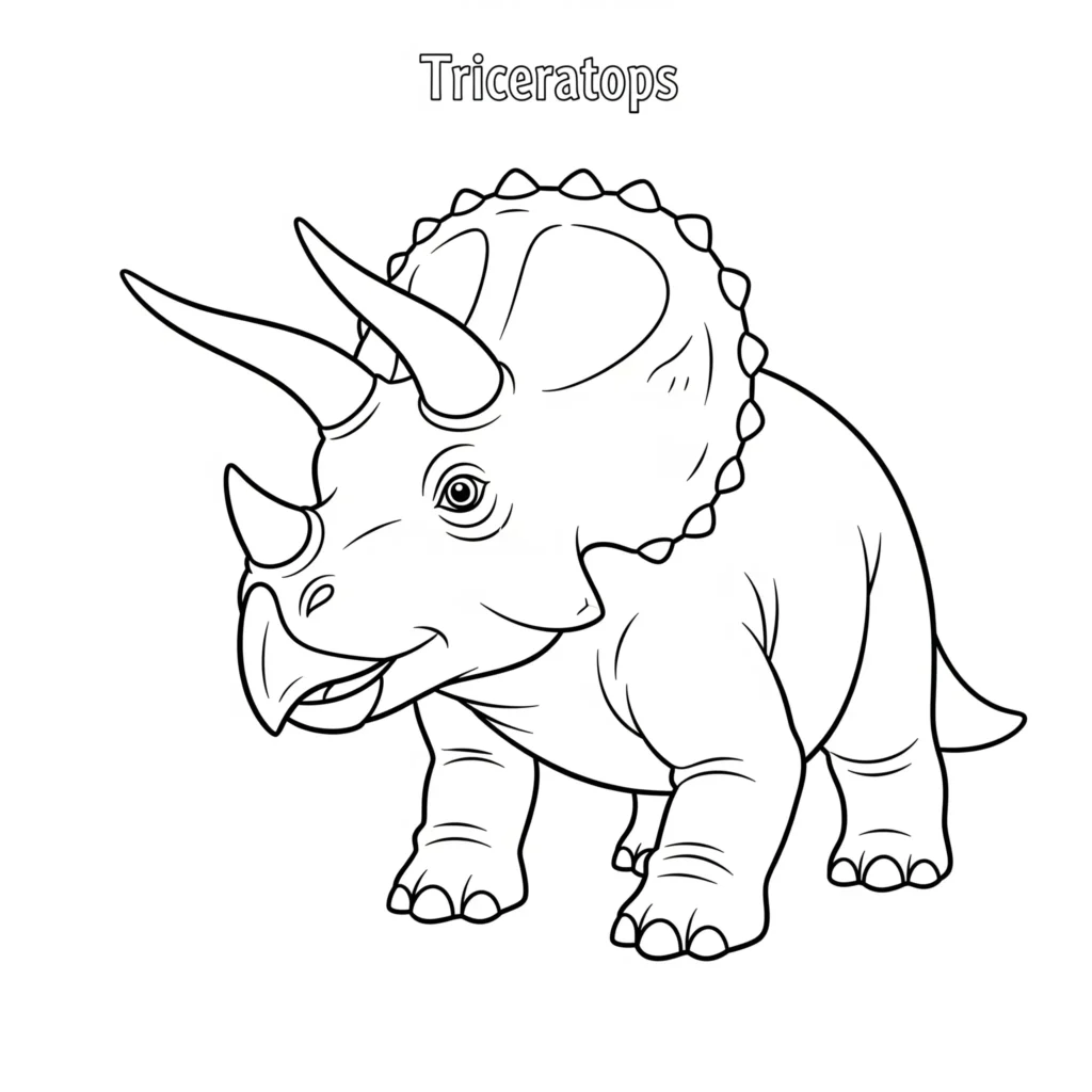 Ausmalbild eines klassischen Triceratops mit drei auffälligen Hörnern auf Kopf und Nase als Dino Malvorlage für Kinder zum kostenlosen Ausdrucken