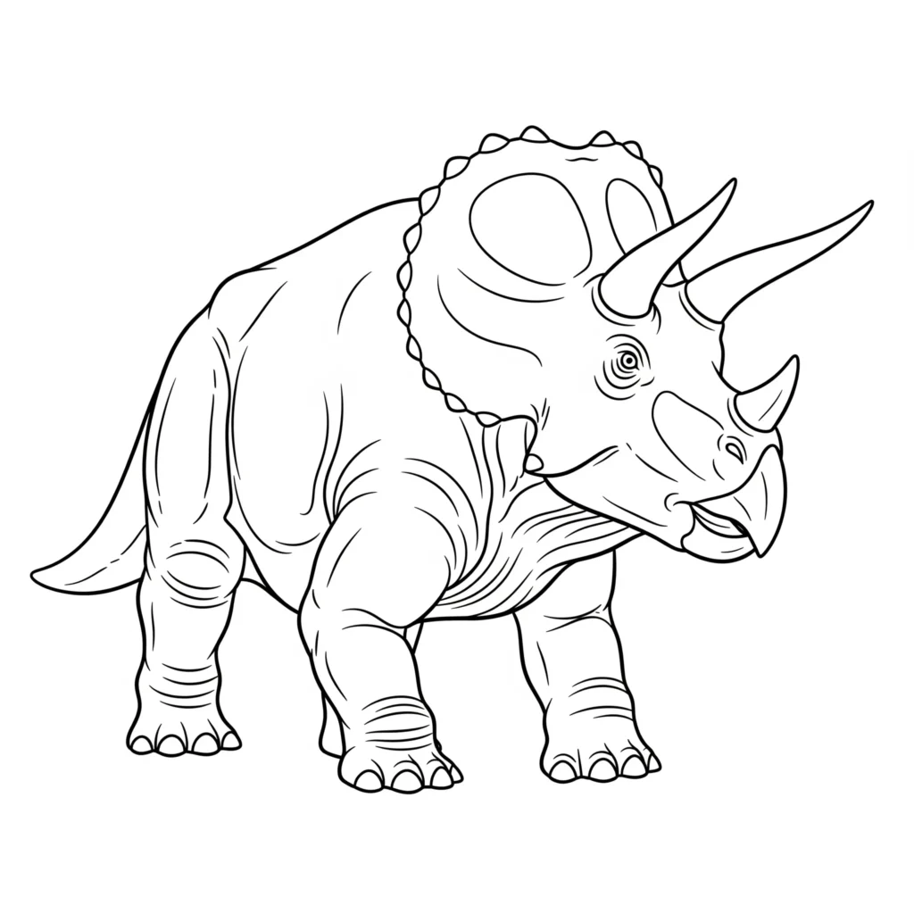 Malvorlage mit einem ausgewachsenen Triceratops in starker Haltung als Dinosaurier Motiv zum kostenlosen Ausdrucken für ältere Kinder oder Erwachsene