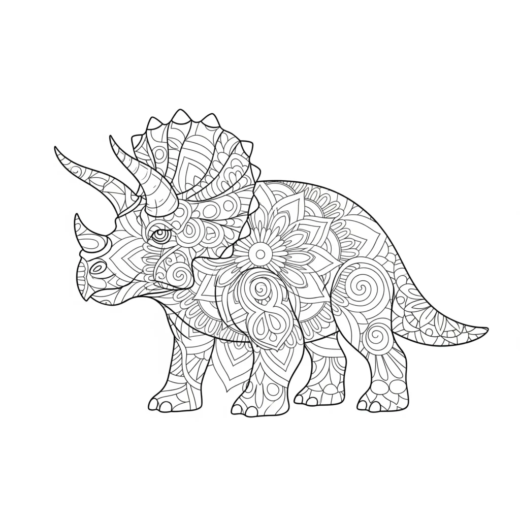 Detailliertes Triceratops Mandala Ausmalbild mit dekorativen Mustern als beruhigende Malvorlage für Kinder und Erwachsene zum kostenlosen Ausdrucken