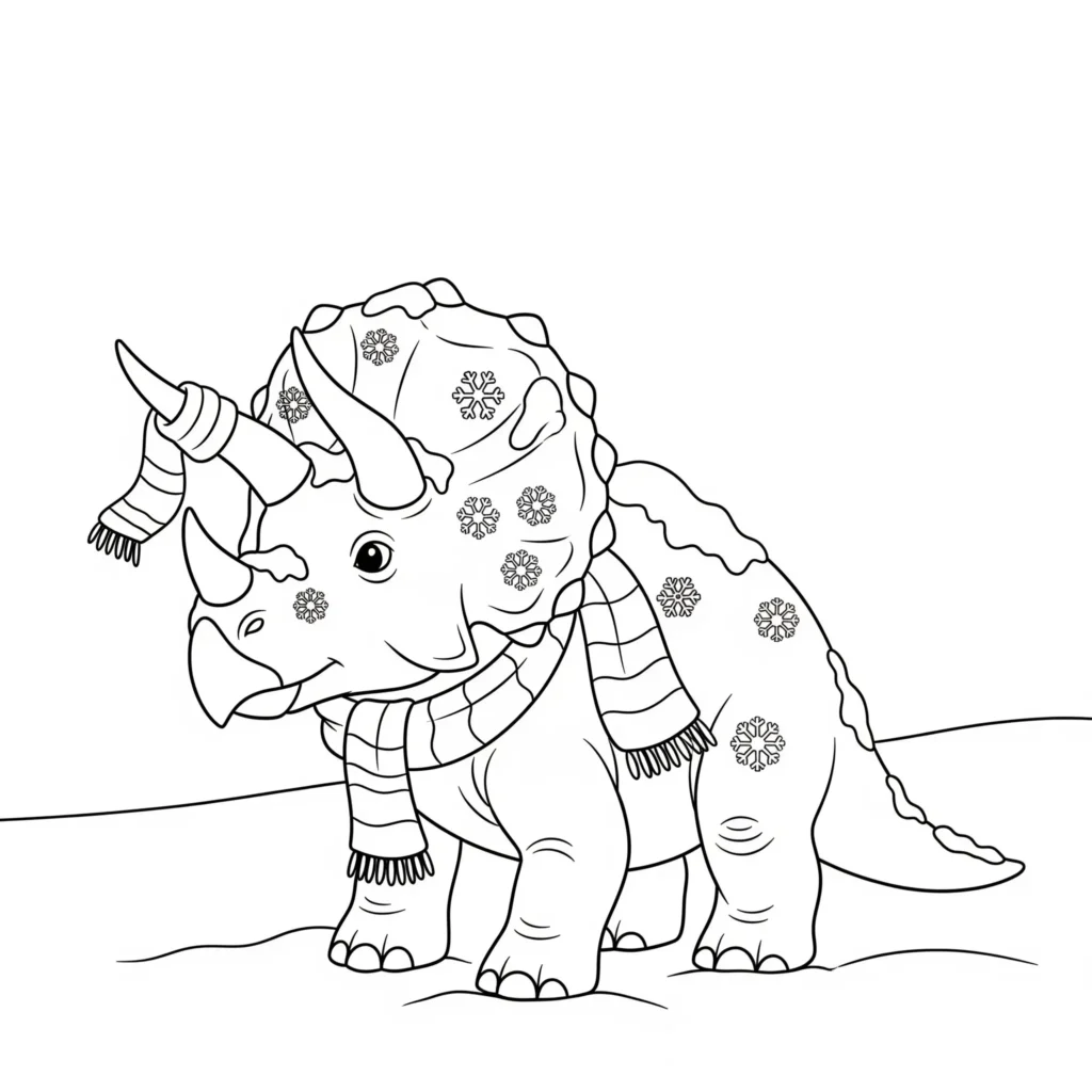 Winterliches Ausmalbild mit einem Triceratops im Schnee zwischen Bäumen und Schneeflocken als kreative Dinosaurier Vorlage zum Ausdrucken