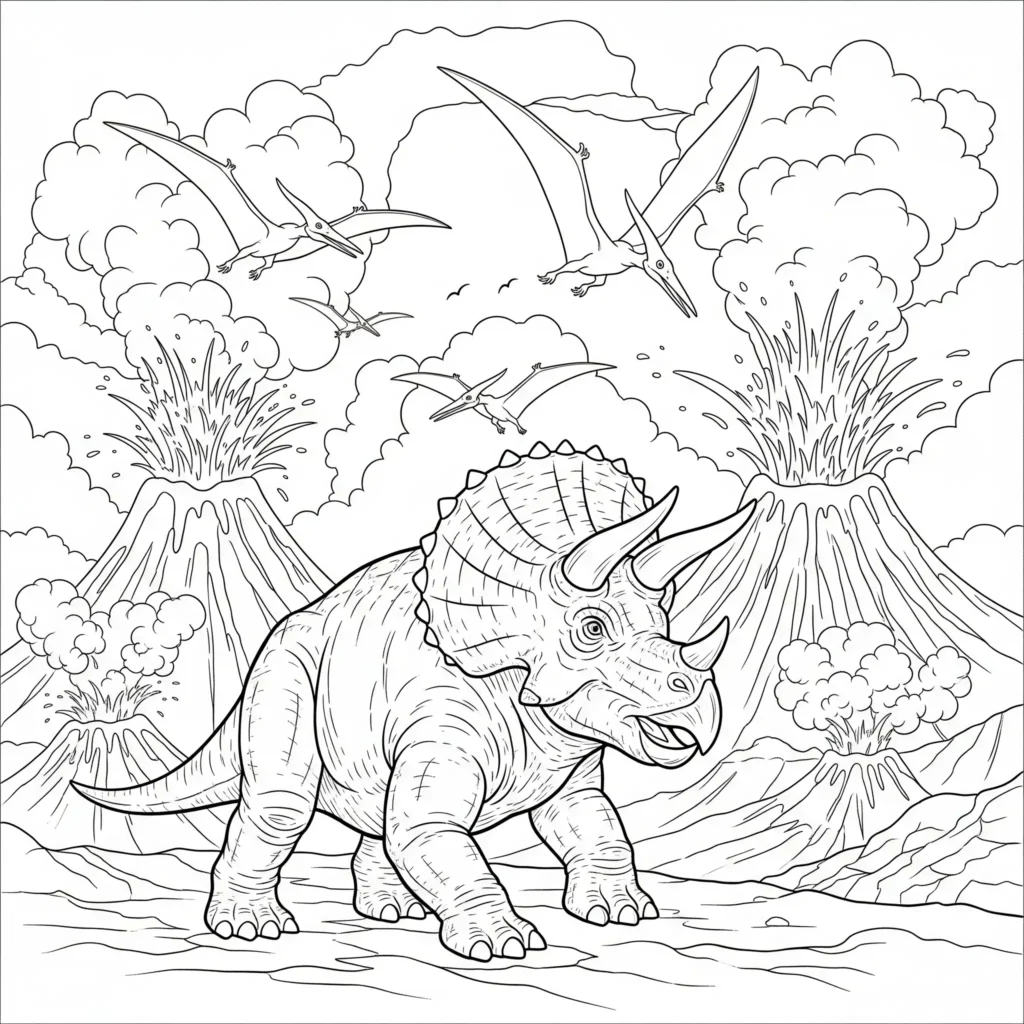 Dinosaurier Ausmalbild mit Triceratops in einer Landschaft voller Vulkane und rauchender Berge als spannende Malvorlage für Kinder zum Ausdrucken