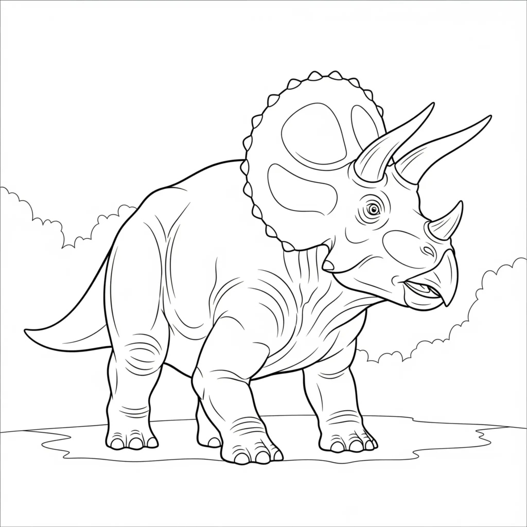 Triceratops Ausmalbild zum Ausdrucken für Kinder mit einfacher Dinosaurier Vorlage aus der Kategorie Triceratops Ausmalbilder kostenlos als PDF