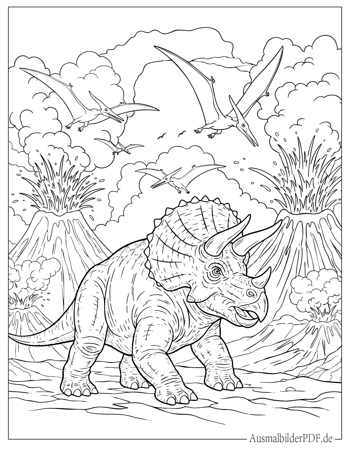 Detaillierter Triceratops in einer vulkanischen Landschaft zum Ausmalen