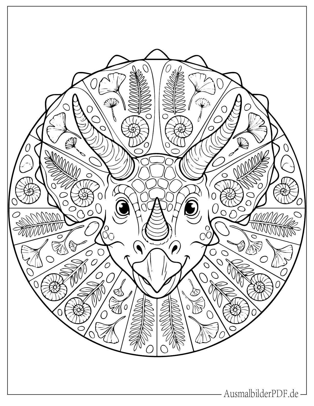 Detailliertes Triceratops Kopf Mandala Ausmalbild für Erwachsene