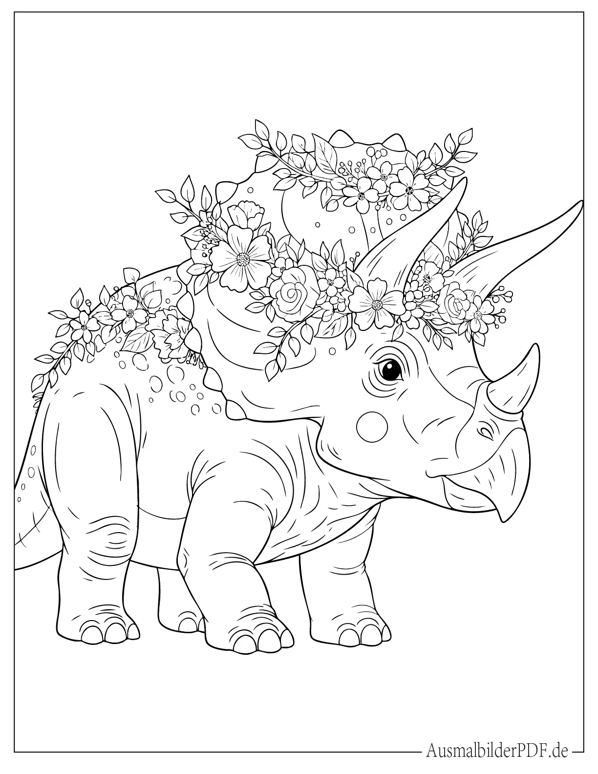 Triceratops mit einer Blumenkrone zum Ausmalen