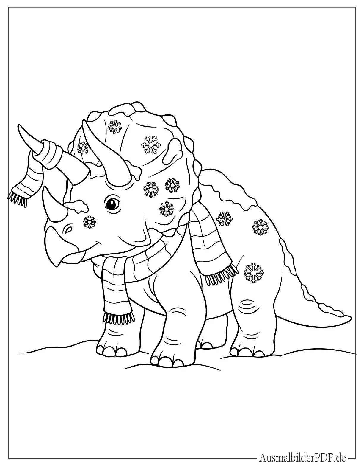 Triceratops Dinosaurier mit Schal im Schnee Ausmalvorlage