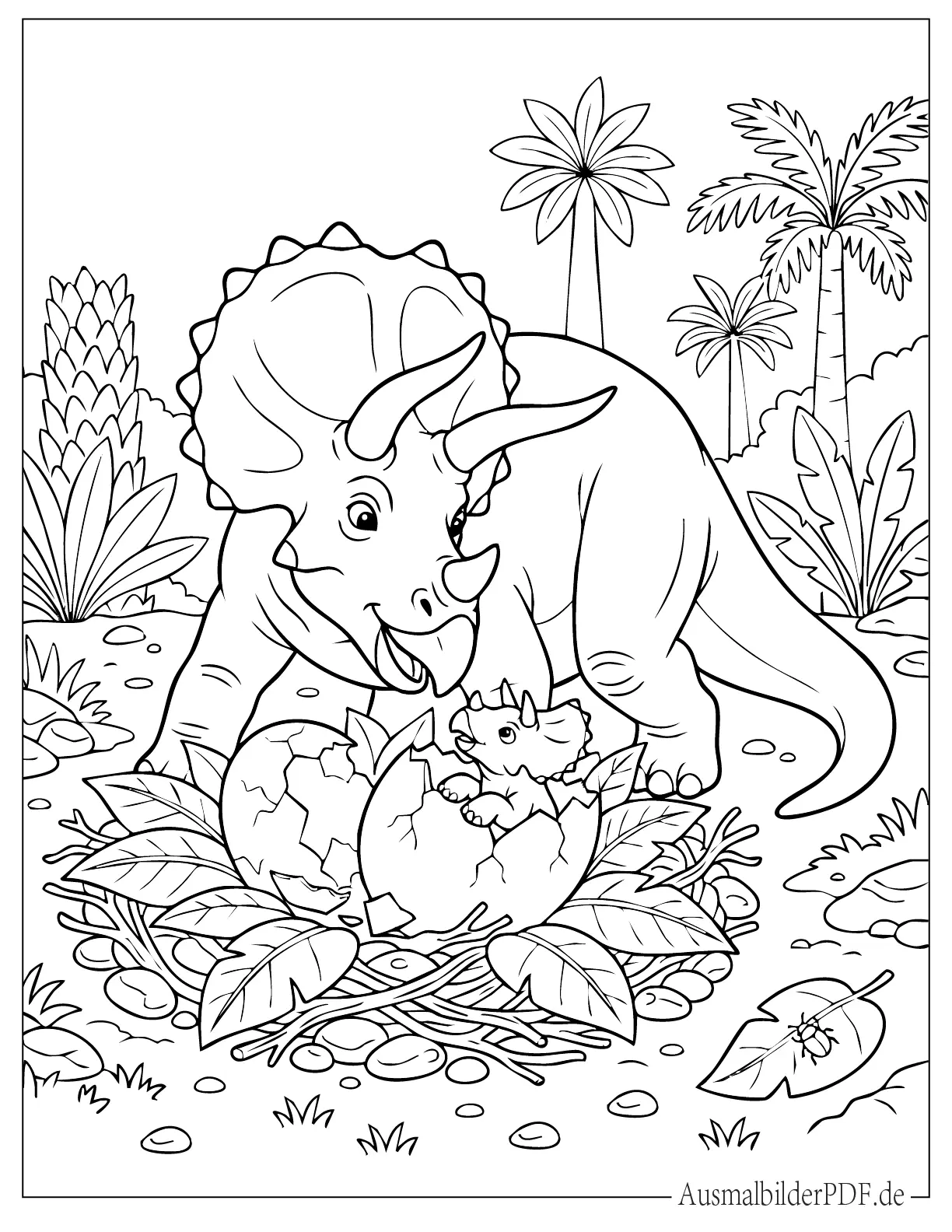 Mutter Triceratops begrüßt ein schlüpfendes Baby Malvorlage