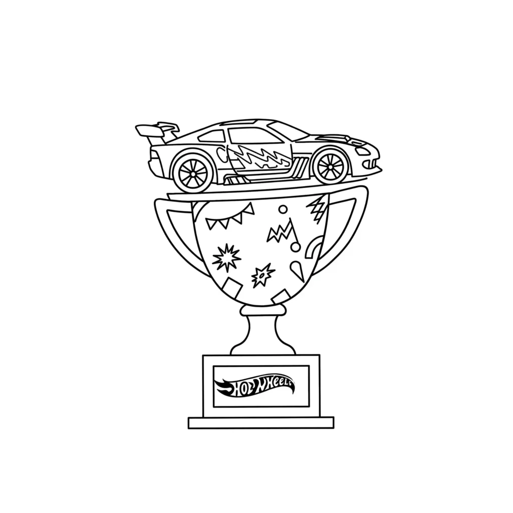 Kostenloses Hot Wheels Siegerauto Ausmalbild als PDF. Ideal für Kinder, die Rennszenen mit Pokal ausmalen möchten.