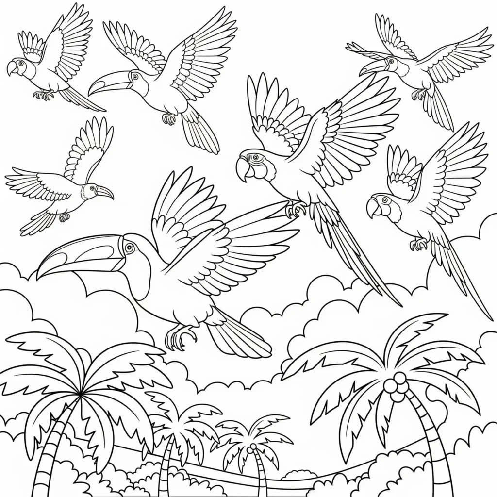 20 Dschungel Ausmalbilder (Gratis Malvorlage zum Ausdrucken) Malvorlage mit tropischen Vögeln, die durch den Dschungel fliegen, geeignet zum kostenlosen Ausdrucken für Kinder und Erwachsene