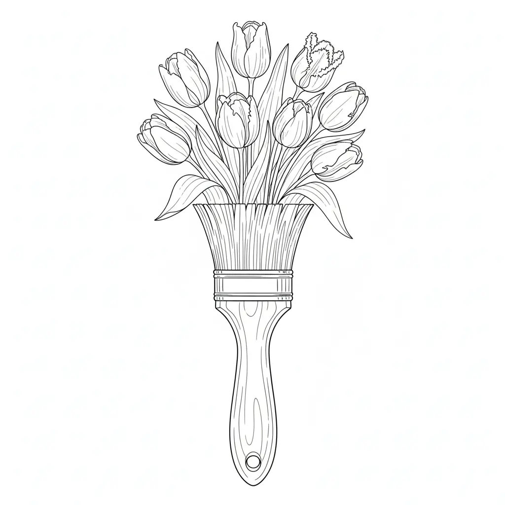 30+ Blumen Ausmalbilder (Gratis Malvorlage zum Ausdrucken) Ein kreatives Ausmalbild mit einem Tulpenstrauß, der in einer Vase aus Pinselgriffen steht – ideal zum Drucken und Ausmalen für Kinder und Erwachsene