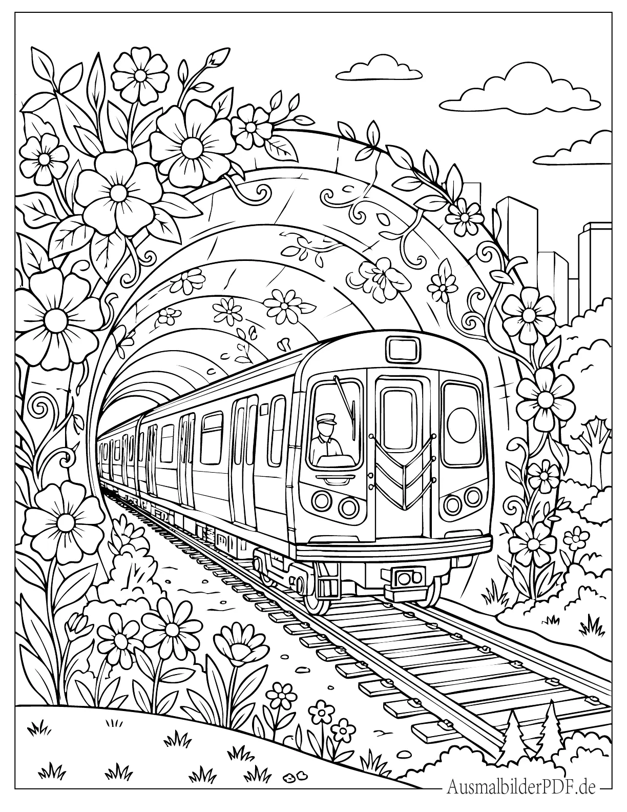 10+ Kostenlos Eisenbahn und Zug Ausmalbilder zum Ausdrucken) U-Bahn Zug in einem blumengefüllten Tunnel Malvorlage