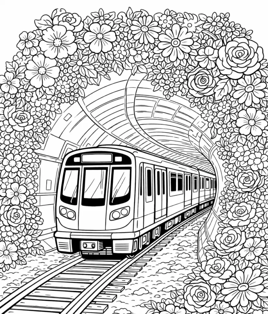 Eisenbahn Ausmalbilder (Gratis Malvorlage PDF zum drucken) Ausmalbild einer U-Bahn in einem Tunnel voller Blumen, perfekt für Kinder und Erwachsene zum Ausdrucken
