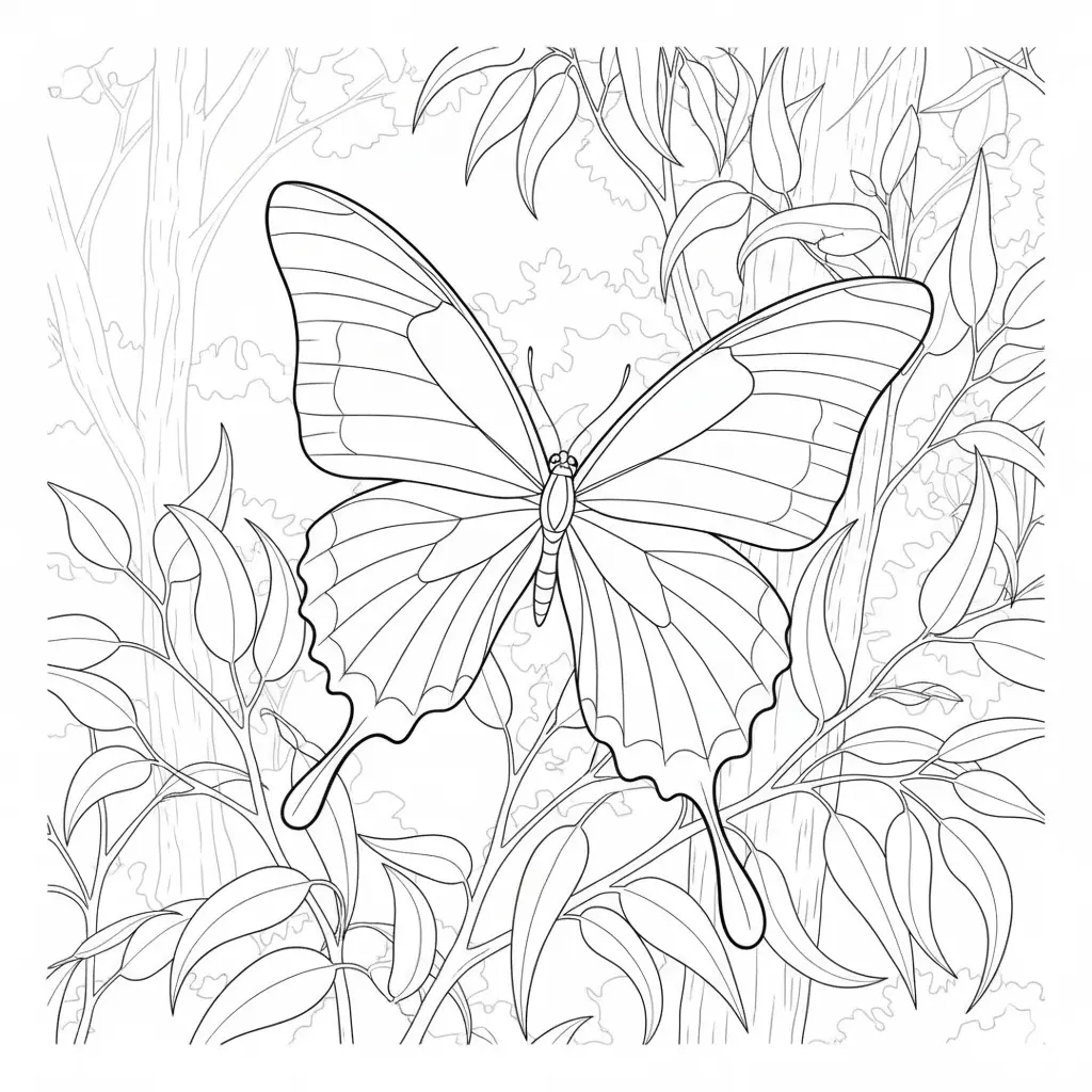 30+ Schmetterling Ausmalbilder (Gratis Malvorlage zum drucken) Ein eleganter Ulysses-Schmetterling mit leuchtend blauen Flügeln sitzt auf einer Blume und ist ideal zum farbenfrohen Ausmalen geeignet.