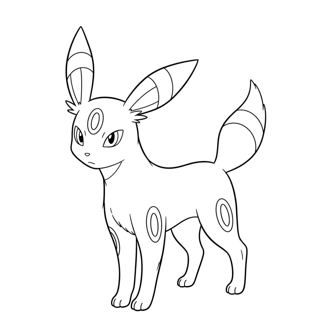 umbreon evoli ausmalbild zeigt das nachtaktive pokemon mit leuchtenden ringen im dunkeln als spannende malvorlage zum ausdrucken