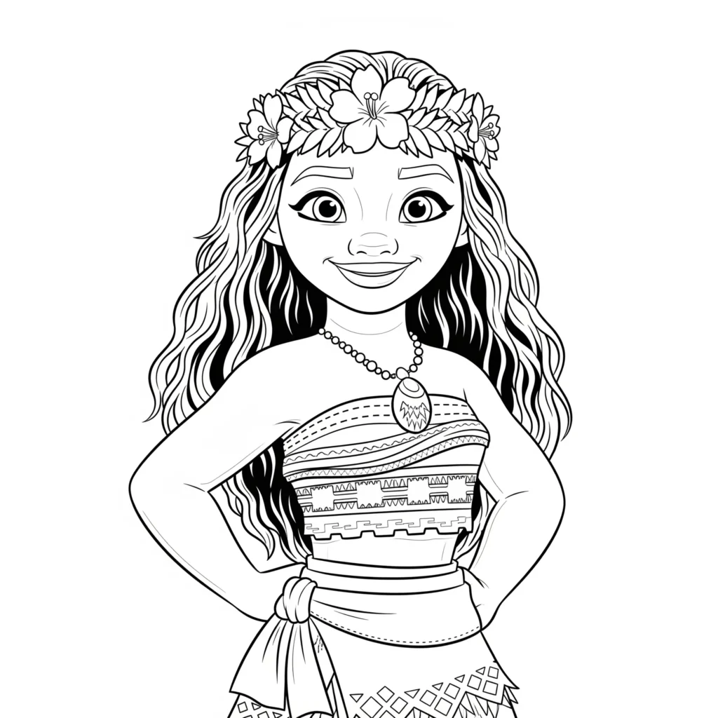 14 Vaiana Ausmalbilder (Disney Prinzessin Malvorlage Drucken) Dieses Vaiana zeigt sie als Prinzessin mit einer Blume im Haar Ausmalbild. Eine schöne Malvorlage für kreative Kinderhände.