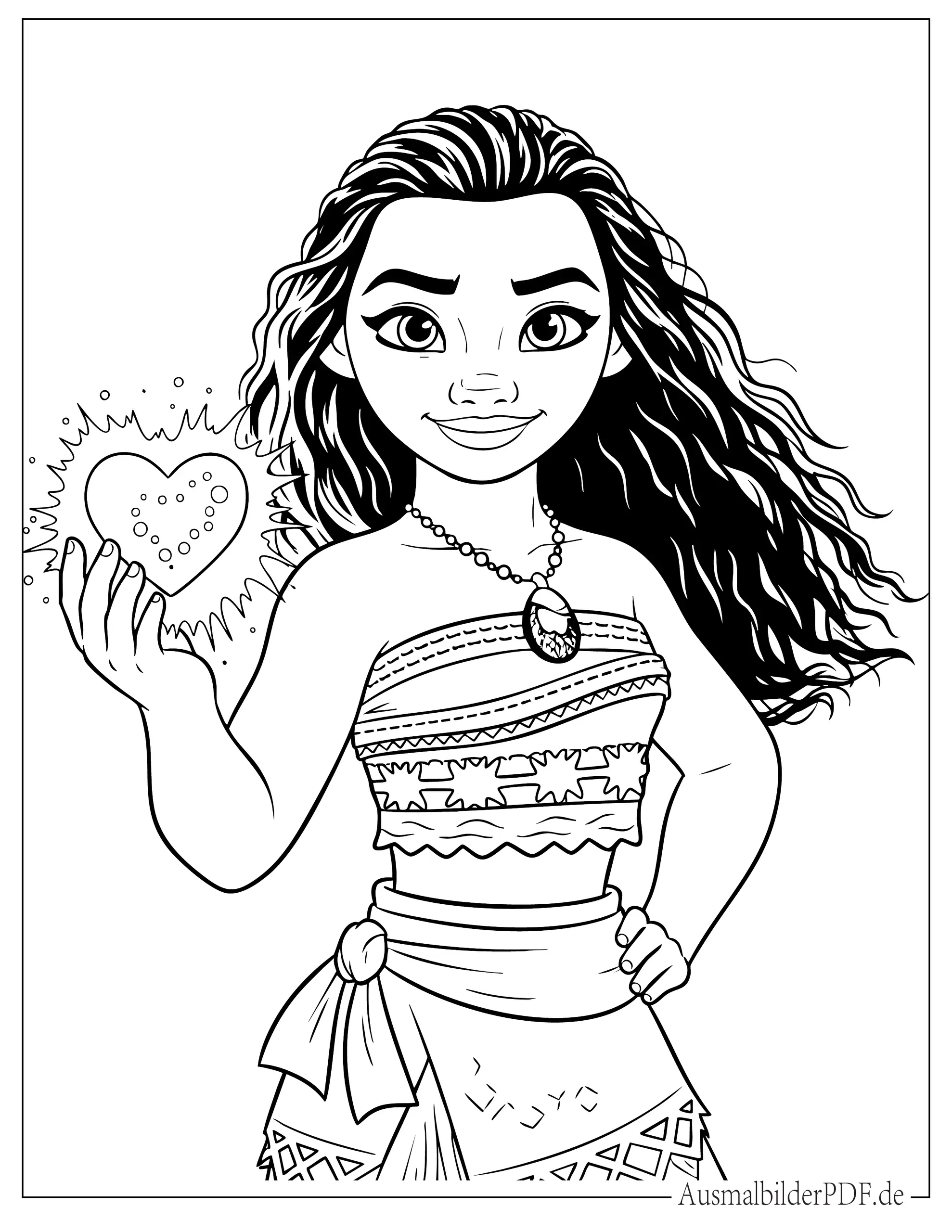Niedliche Prinzessin Vaiana hält das Herz von Te Fiti Ausmalbild