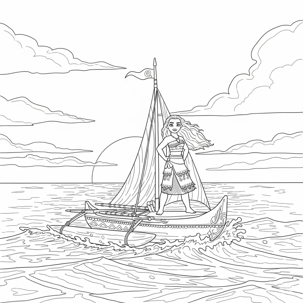 14 Vaiana Ausmalbilder (Disney Prinzessin Malvorlage Drucken) Vaiana sitzt im Kanu auf dem ruhigen Ozean, während die Sonne untergeht. Dieses Vaiana Ausmalbild bringt tropisches Flair auf das Papier.