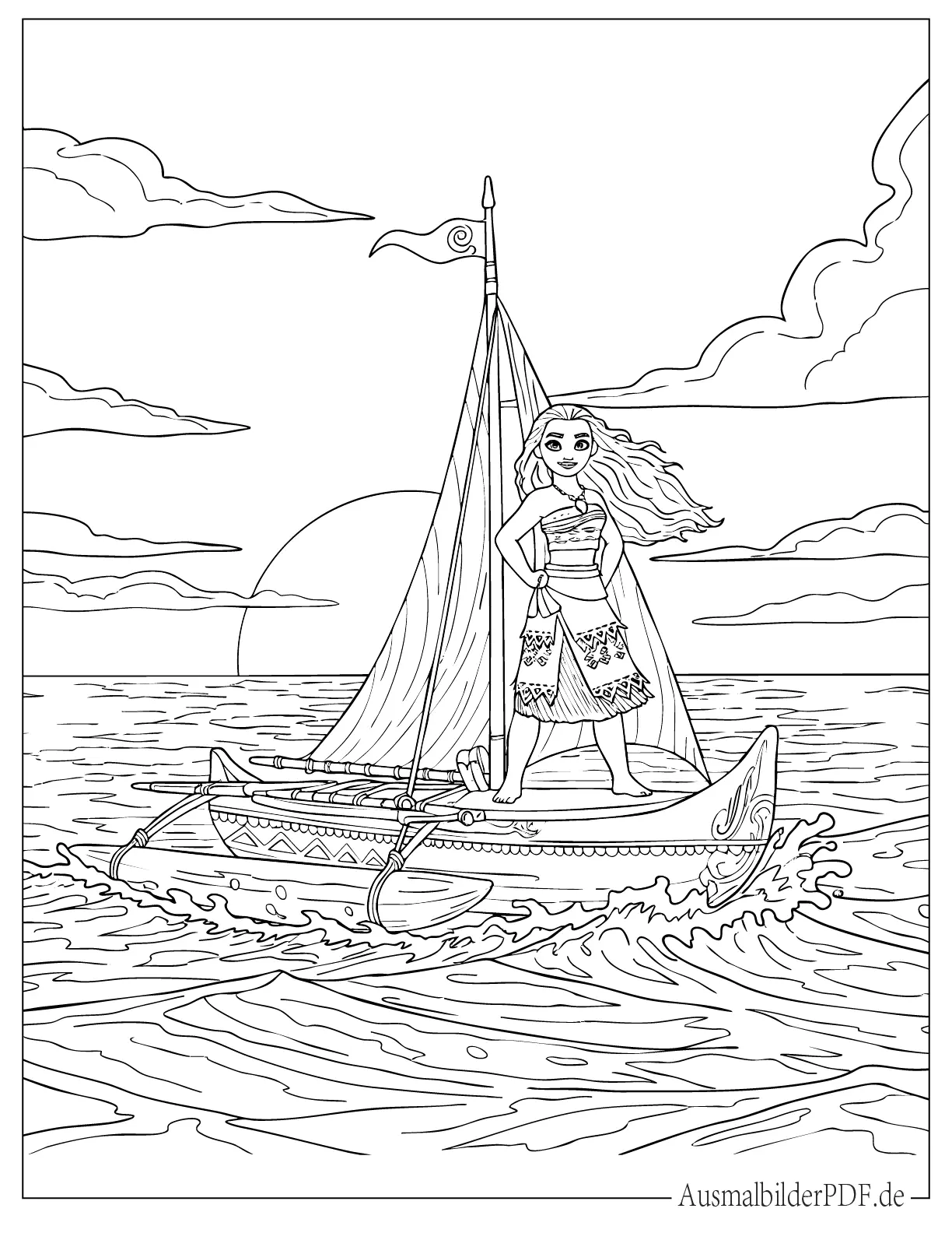 Prinzessin Vaiana auf einem Boot zum Ausmalen