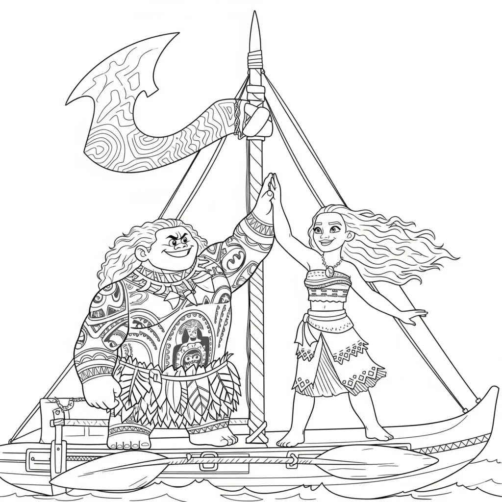 14 Vaiana Ausmalbilder (Disney Prinzessin Malvorlage Drucken) Vaiana und Maui lächeln sich an und geben sich ein High Five nach einem gelungenen Abenteuer.