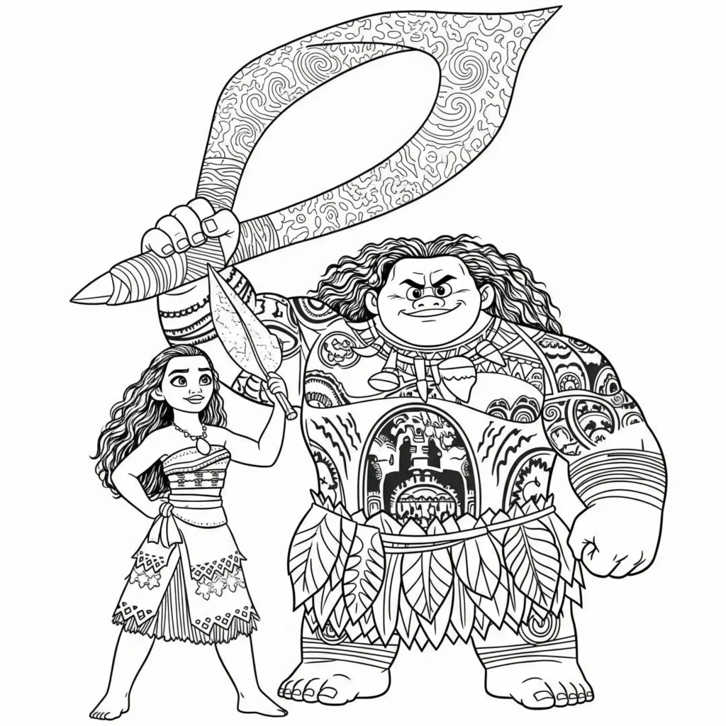 14 Vaiana Ausmalbilder (Disney Prinzessin Malvorlage Drucken) Vaiana steht neben Maui, der seinen magischen Haken hält. Beide Helden blicken entschlossen in die Ferne. Ein starkes Ausmalbild für Kinder.