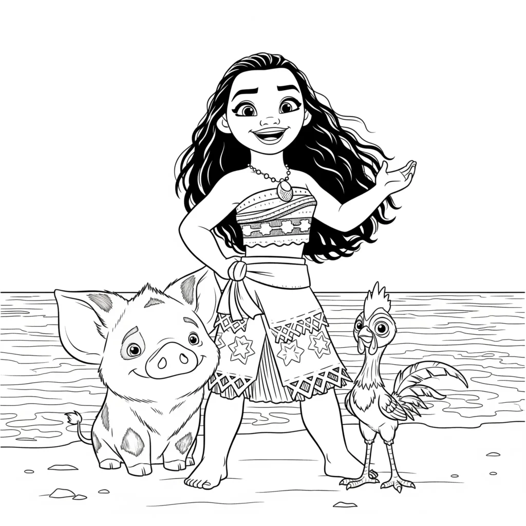 14 Vaiana Ausmalbilder (Disney Prinzessin Malvorlage Drucken) Vaiana steht mit Pua dem Schweinchen und Heihei dem Hahn fröhlich im Grünen. Dieses Vaiana Ausmalbild lädt Kinder zum Ausmalen ihrer Lieblingsfiguren ein.