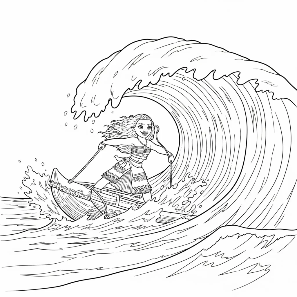 14 Vaiana Ausmalbilder (Disney Prinzessin Malvorlage Drucken) Vaiana steht mutig auf einem Surfbrett und reitet eine riesige Welle über dem Ozean.