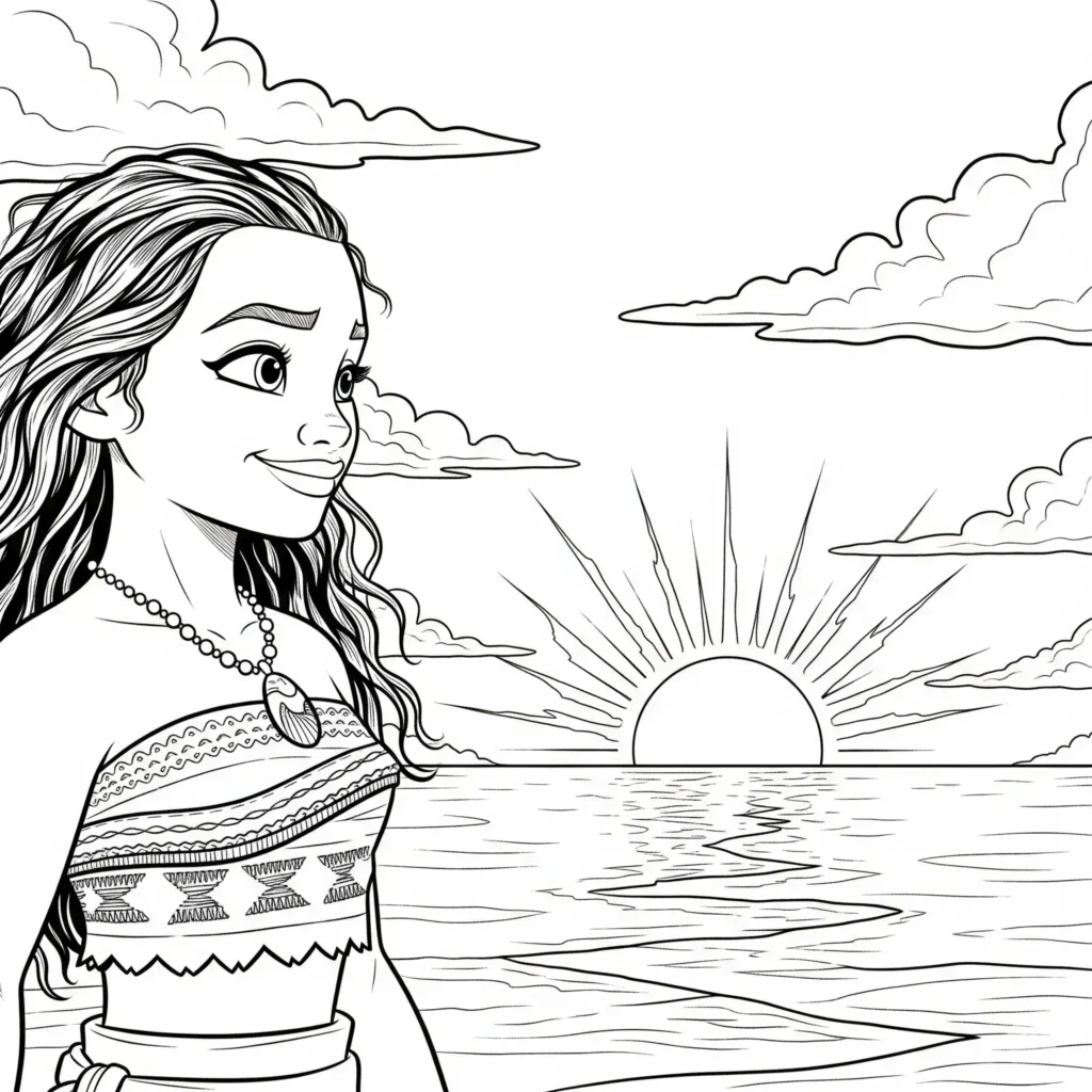 14 Vaiana Ausmalbilder (Disney Prinzessin Malvorlage Drucken) Vaiana sitzt ruhig am Strand und blickt auf den Sonnenaufgang über dem Meer. Eine ruhige Vorlage zum Ausmalen für Kinder.