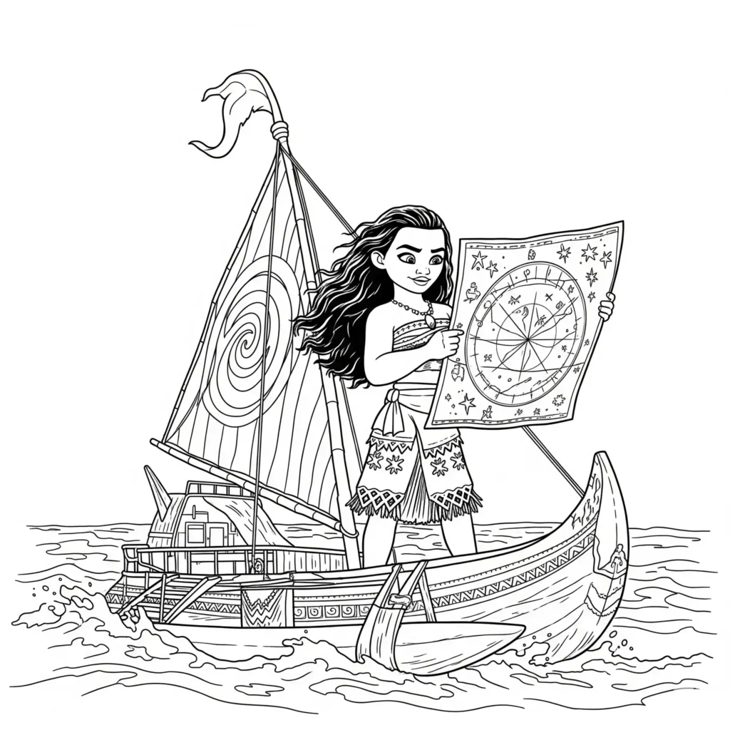 14 Vaiana Ausmalbilder (Disney Prinzessin Malvorlage Drucken) Vaiana steht auf einem Boot unter dem Sternenhimmel und blickt in die Richtung der Sterne. Dieses Vaiana Ausmalbild zeigt ihre Reise durch die Nacht.